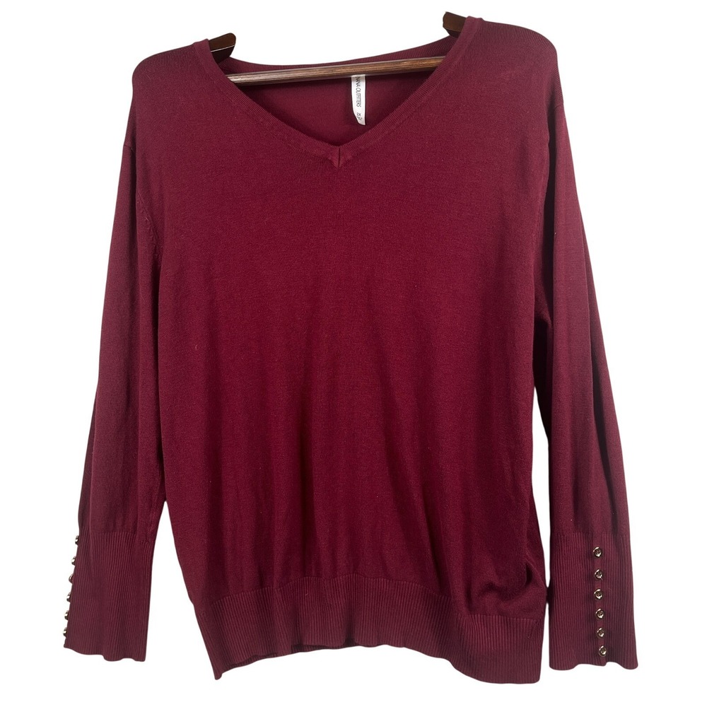 Zenana Womens 2X V Neck Sweater Gold Button Cuffs Burgundy Soft Knit Classic